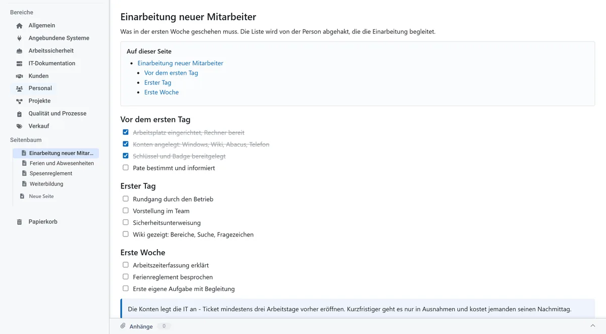 Checklists on a wiki page, with finished items ticked off and struck through