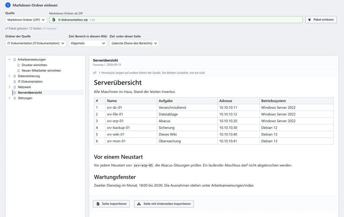 The import wizard: at the top the chosen source, on the left the page tree of the old wiki, on the right the page with table and sections as it would look after the import, below the buttons 