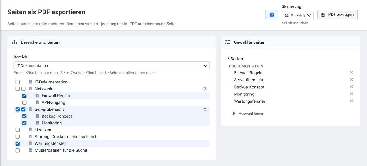 Die Ansicht «Seiten als PDF exportieren»: links der Seitenbaum mit zwei Kästchen je Zeile, eines für die Seite allein, eines für die Seite mit allen Unterseiten; rechts die gewählten Seiten in Dokumentreihenfolge und der Knopf PDF erzeugen.