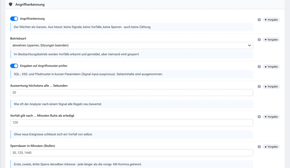 The security settings: intrusion detection on or off, mode set to watch or to fend off, evaluation interval, duration of an incident and block duration in stages.