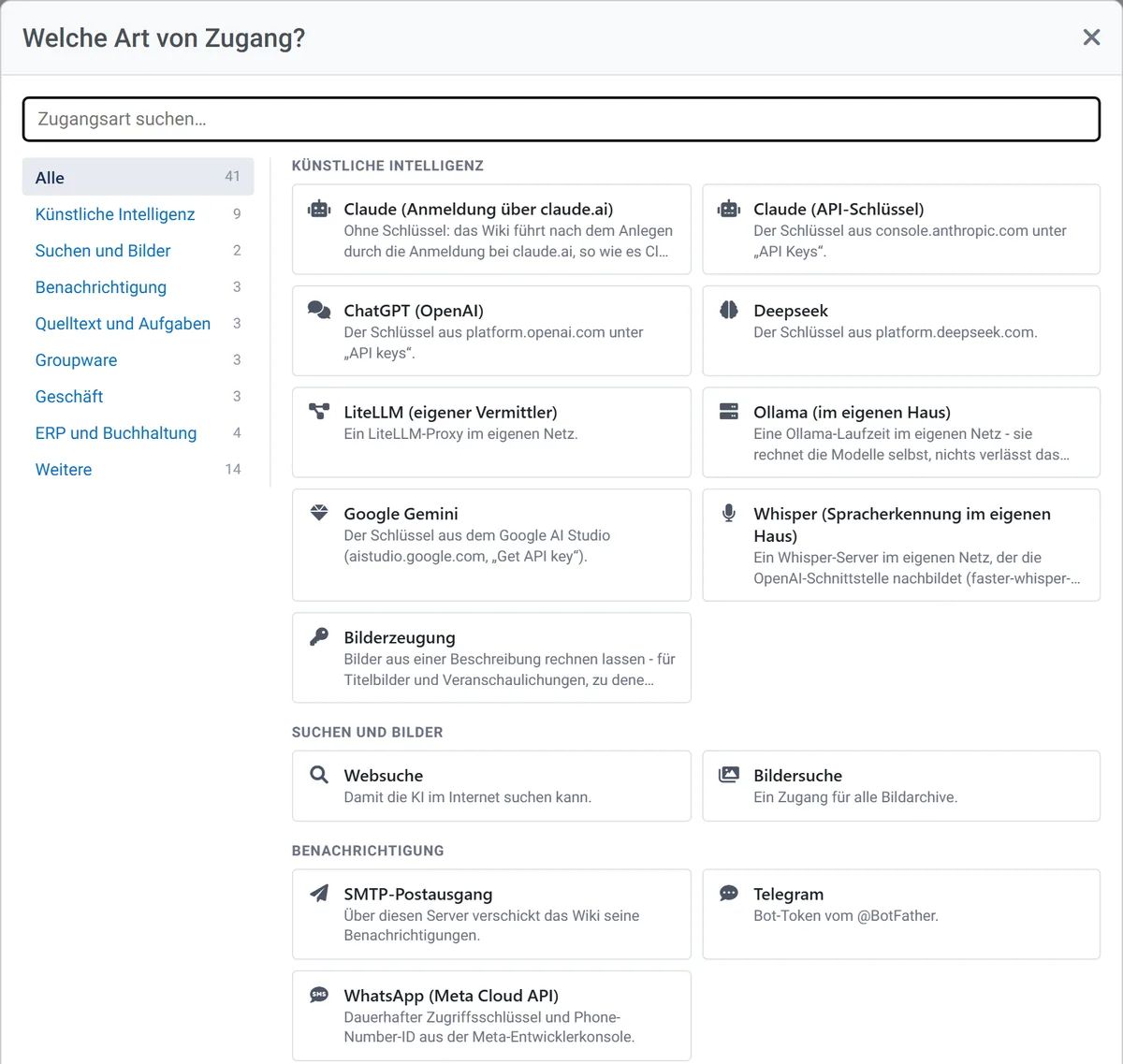 Der Dialog Zugang hinzufügen: Art, Bezeichnung, Adresse, Schlüssel, Verbindung prüfen.
